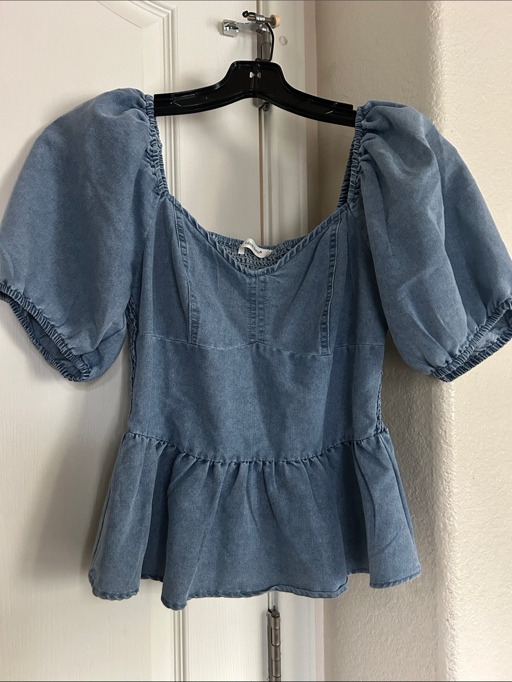 Light Blue Puff-Sleeve Peplum Blouse with Square Neck